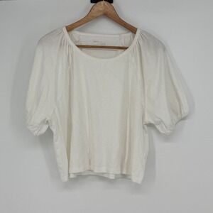 Aerie White Gathered Sleeve Crew‎ Neck T Shirt Top M Cropped Boxy Cottage Tee
